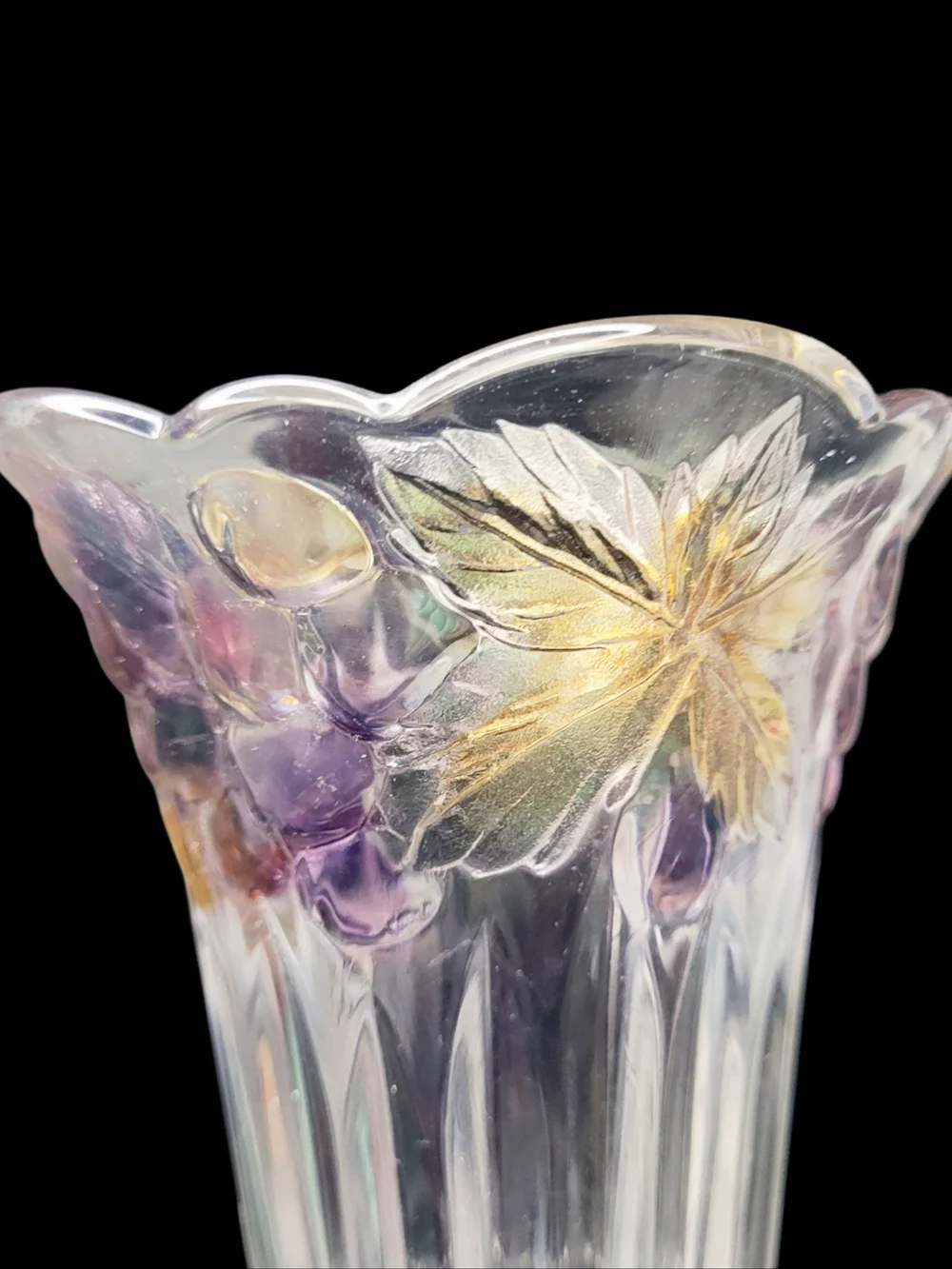 Vintage Crystal Scalloped Rim Vase with Purple and Gold Grape Vine Accents - Picture 7 of 7